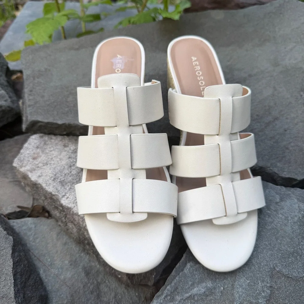 Aerosoles Wren Women 7M Cream Off White Strappy Wedge Espadrille Slide Sandals